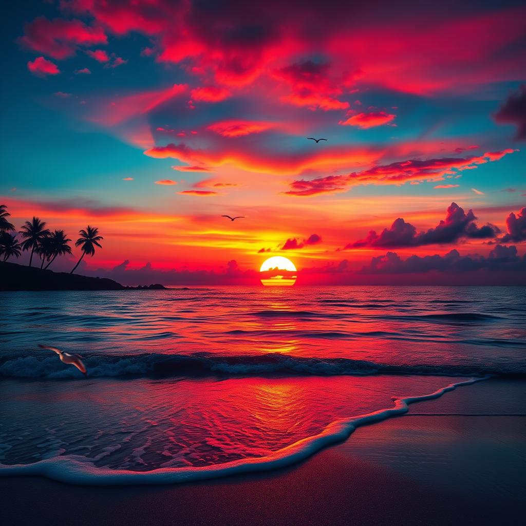 A breathtakingly beautiful sunset over a serene beach, with vibrant colors of red, orange, and purple reflecting on the water