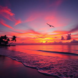 A breathtakingly beautiful sunset over a serene beach, with vibrant colors of red, orange, and purple reflecting on the water