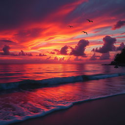 A breathtakingly beautiful sunset over a serene beach, with vibrant colors of red, orange, and purple reflecting on the water