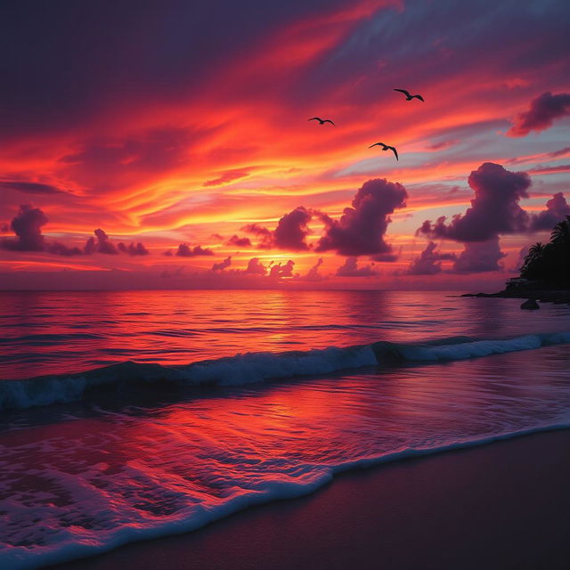 A breathtakingly beautiful sunset over a serene beach, with vibrant colors of red, orange, and purple reflecting on the water