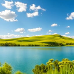 A seamless and beautifully blended background featuring a serene landscape with lush green hills, a clear blue sky dotted with fluffy white clouds, and a tranquil lake reflecting the scenery