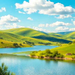 A seamless and beautifully blended background featuring a serene landscape with lush green hills, a clear blue sky dotted with fluffy white clouds, and a tranquil lake reflecting the scenery