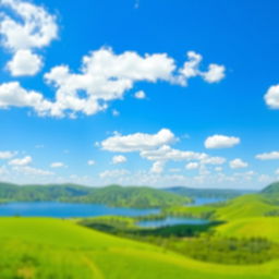 A seamless and beautifully blended background featuring a serene landscape with lush green hills, a clear blue sky dotted with fluffy white clouds, and a tranquil lake reflecting the scenery