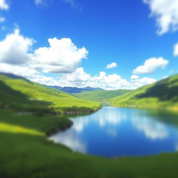 A seamless and beautifully blended background featuring a serene landscape with lush green hills, a clear blue sky dotted with fluffy white clouds, and a tranquil lake reflecting the scenery