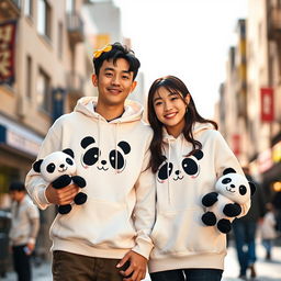 A charming image featuring a couple wearing matching white hoodies adorned with a cute panda design on the front
