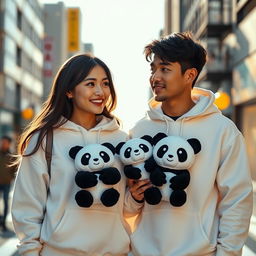 A charming image featuring a couple wearing matching white hoodies adorned with a cute panda design on the front