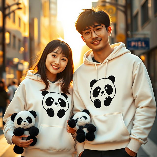 A charming image featuring a couple wearing matching white hoodies adorned with a cute panda design on the front