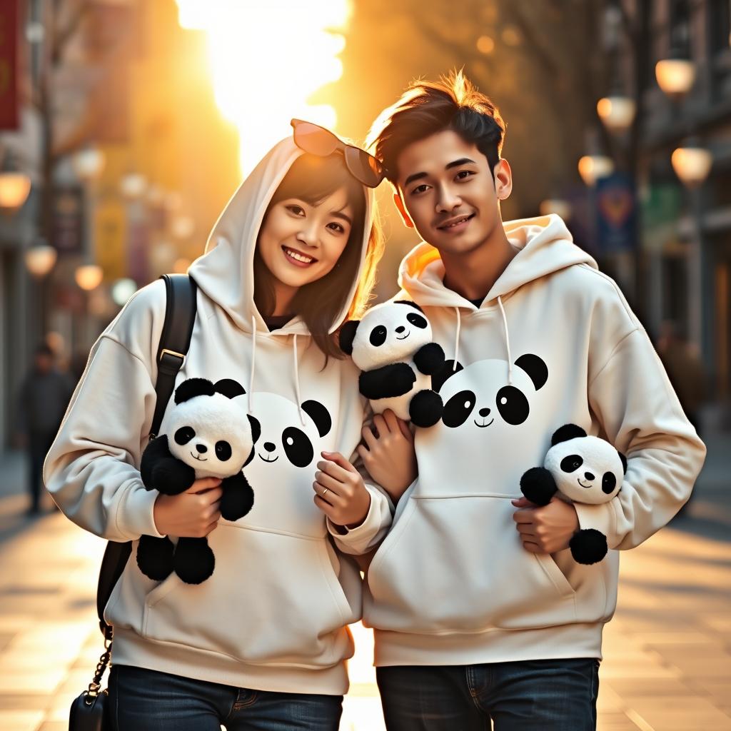 A charming image featuring a couple wearing matching white hoodies adorned with a cute panda design on the front
