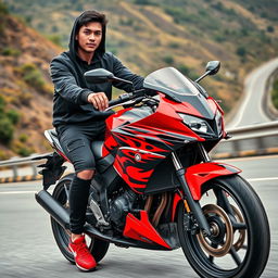 A realistic photo of a handsome young Thai man with a fair complexion, wearing a black hoodie jacket and black jeans that feature a torn pattern