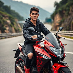 A realistic photo of a handsome young Thai man with a fair complexion, wearing a black hoodie jacket and black jeans that feature a torn pattern