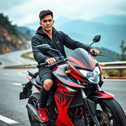 A realistic photo of a handsome young Thai man with a fair complexion, wearing a black hoodie jacket and black jeans that feature a torn pattern
