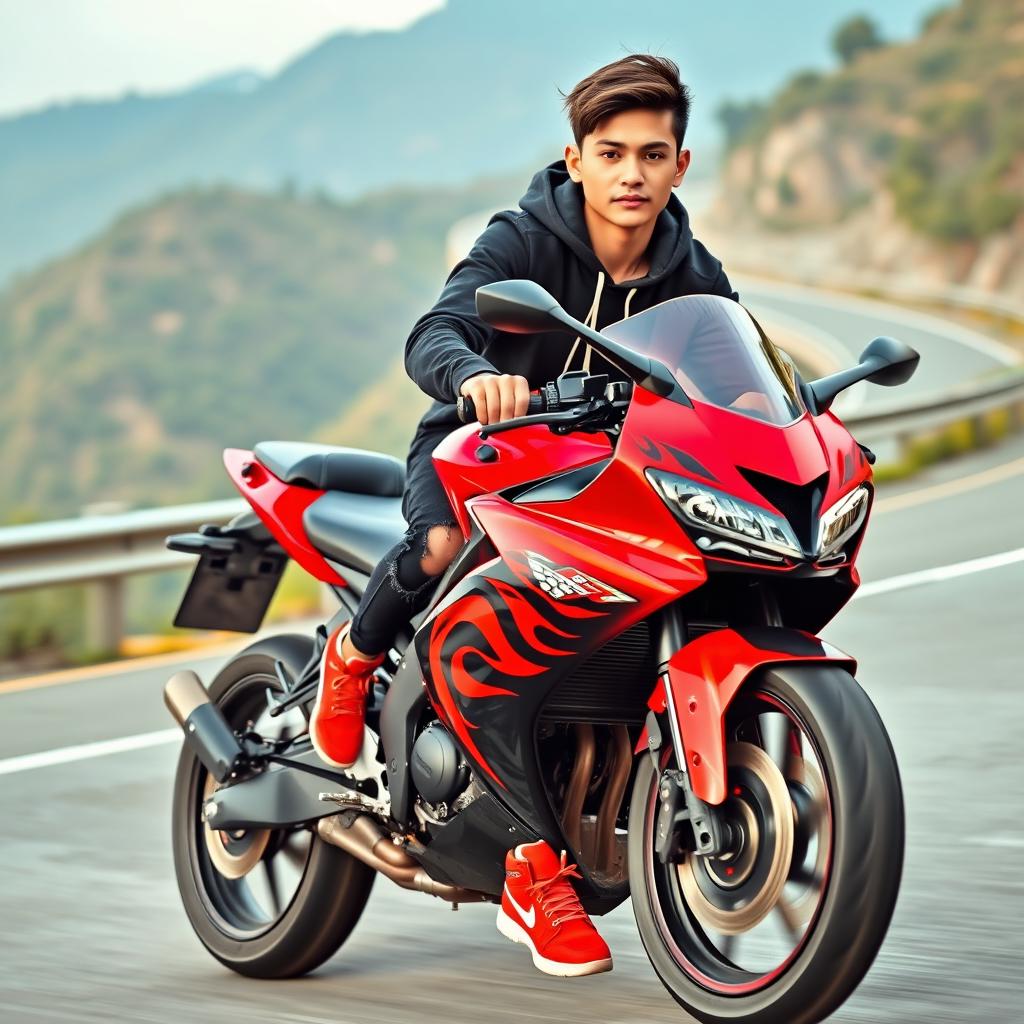 A realistic photo of a handsome young Thai man with a fair complexion, wearing a black hoodie jacket and black jeans that feature a torn pattern
