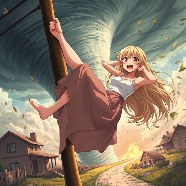 A stunning teenage anime girl with extra long blonde hair, wearing a long wavy skirt, is being pulled into an aggressive tornado in the background