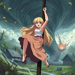 A stunning teenage anime girl with extra long blonde hair, wearing a long wavy skirt, is being pulled into an aggressive tornado in the background