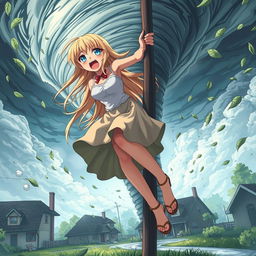 A stunning teenage anime girl with extra long blonde hair, wearing a long wavy skirt, is being pulled into an aggressive tornado in the background