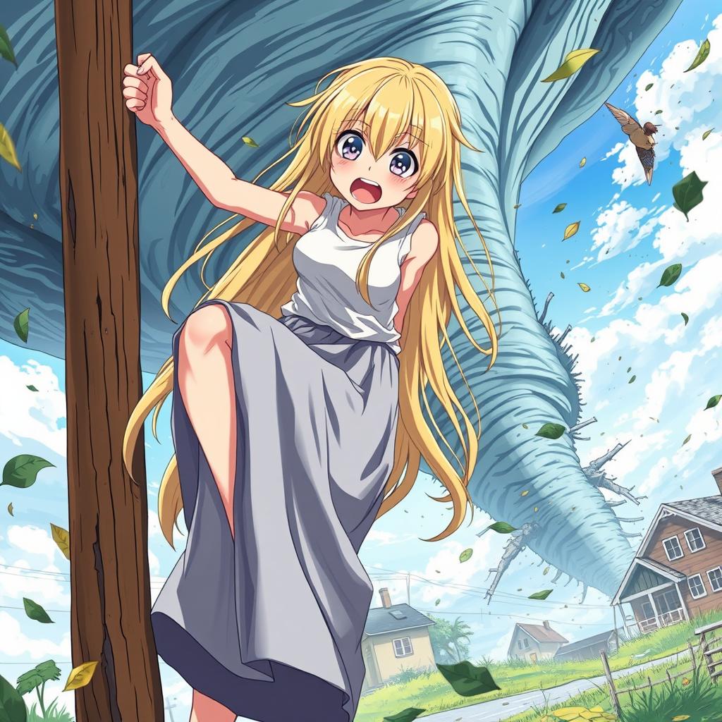 A stunning teenage anime girl with extra long blonde hair, wearing a long wavy skirt, is being pulled into an aggressive tornado in the background