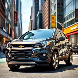 A sleek and modern Chevrolet Trax parked on a vibrant city street, showcasing its stylish design and compact size