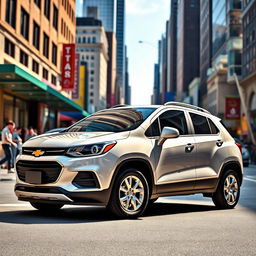 A sleek and modern Chevrolet Trax parked on a vibrant city street, showcasing its stylish design and compact size