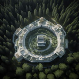 aerial view futuristic maximum-security penitentiary in the middle of forest in broad daylight based on https://files.dreamhome.software/files/static/36926