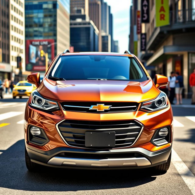 A sleek and modern Chevrolet Trax parked on a vibrant city street, showcasing its stylish design and compact size