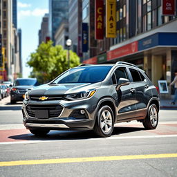 A sleek and modern Chevrolet Trax parked on a vibrant city street, showcasing its stylish design and compact size