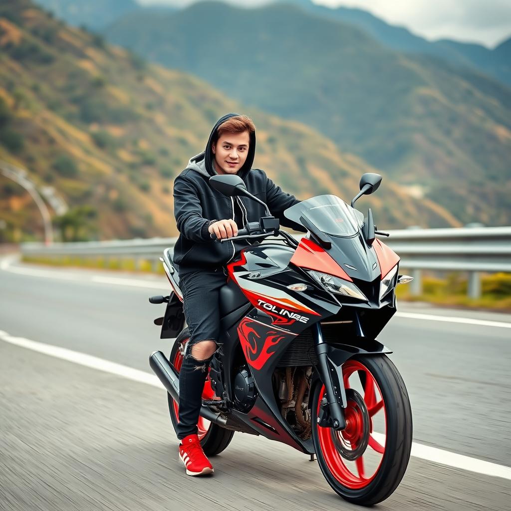 A realistic photo depicting a handsome, young white Thai man dressed in a stylish black hoodie jacket and black jeans with a torn pattern