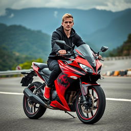 A realistic photo depicting a handsome, young white Thai man dressed in a stylish black hoodie jacket and black jeans with a torn pattern