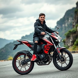 A realistic photo depicting a handsome, young white Thai man dressed in a stylish black hoodie jacket and black jeans with a torn pattern