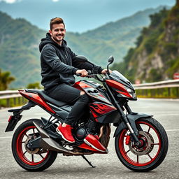 A realistic photo depicting a handsome, young white Thai man dressed in a stylish black hoodie jacket and black jeans with a torn pattern