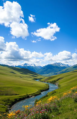 A breathtaking landscape showcasing rolling hills under a bright blue sky scattered with fluffy white clouds
