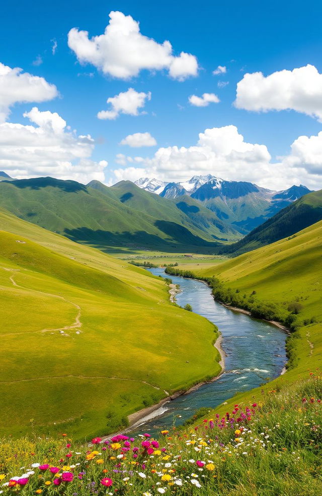 A breathtaking landscape showcasing rolling hills under a bright blue sky scattered with fluffy white clouds