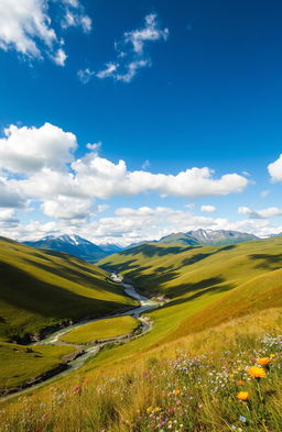 A breathtaking landscape showcasing rolling hills under a bright blue sky scattered with fluffy white clouds