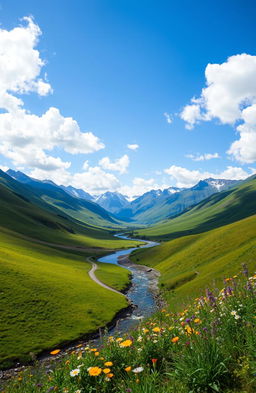 A breathtaking landscape showcasing rolling hills under a bright blue sky scattered with fluffy white clouds