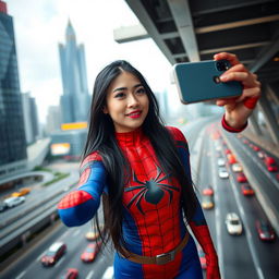 A beautiful young Thai woman with long dark hair wearing a vibrant Spider-Man costume, taking a selfie from a height using her iPhone