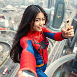 A beautiful young Thai woman with long dark hair wearing a vibrant Spider-Man costume, taking a selfie from a height using her iPhone