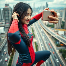 A beautiful young Thai woman with long dark hair wearing a vibrant Spider-Man costume, taking a selfie from a height using her iPhone