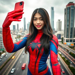 A beautiful young Thai woman with long dark hair wearing a vibrant Spider-Man costume, taking a selfie from a height using her iPhone