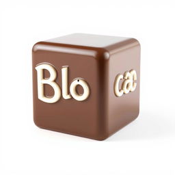A realistic 3D render of a chocolate cube featuring the text "Blocka" embossed in white letters on its glossy surface