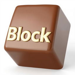 A realistic 3D render of a chocolate cube featuring the text "Blocka" embossed in white letters on its glossy surface