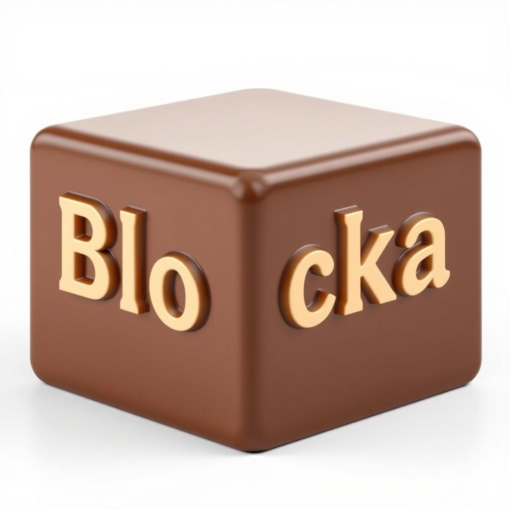 A realistic 3D render of a chocolate cube featuring the text "Blocka" embossed in white letters on its glossy surface