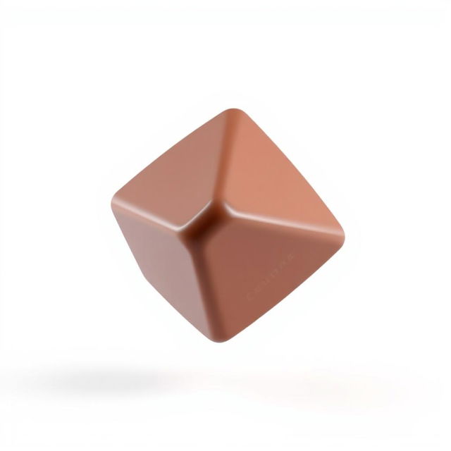 A realistic 3D render of a chocolate cube in mid-flight against a pure white background, showcasing the cube's rich, glossy brown color and smooth surface texture