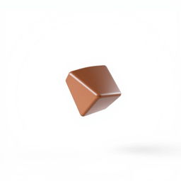 A realistic 3D render of a chocolate cube in mid-flight against a pure white background, showcasing the cube's rich, glossy brown color and smooth surface texture