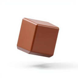 A realistic 3D render of a chocolate cube in mid-flight against a pure white background, showcasing the cube's rich, glossy brown color and smooth surface texture