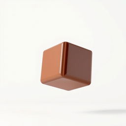 A realistic 3D render of a chocolate cube in mid-flight against a pure white background, showcasing the cube's rich, glossy brown color and smooth surface texture