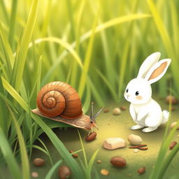 In a serene natural setting, a small brown snail is resting on a vibrant green blade of grass, munching contentedly on some nearby grass
