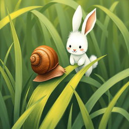 In a serene natural setting, a small brown snail is resting on a vibrant green blade of grass, munching contentedly on some nearby grass