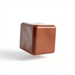 A realistic 3D render of a chocolate cube in mid-air against a pristine white background