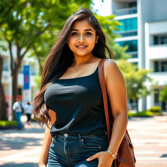 A beautiful Indonesian university woman with a curvy figure, very large breasts, wearing stylish casual attire