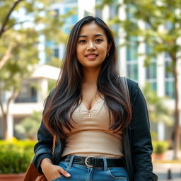 A beautiful Indonesian university woman with a curvy figure, very large breasts, wearing stylish casual attire