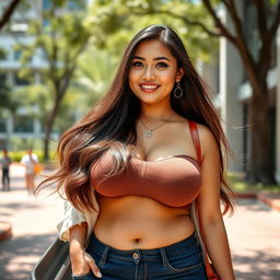 A beautiful Indonesian university woman with a curvy figure, very large breasts, wearing stylish casual attire